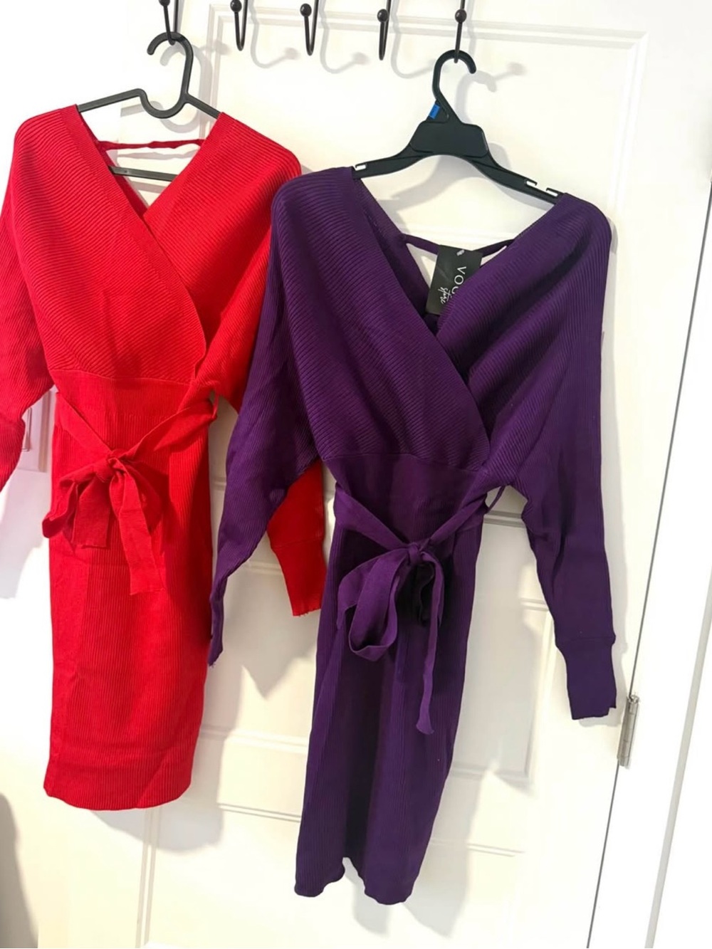 Vocal Purple and Red Ribbed Wrap Sweater Dresses - Lot of 2